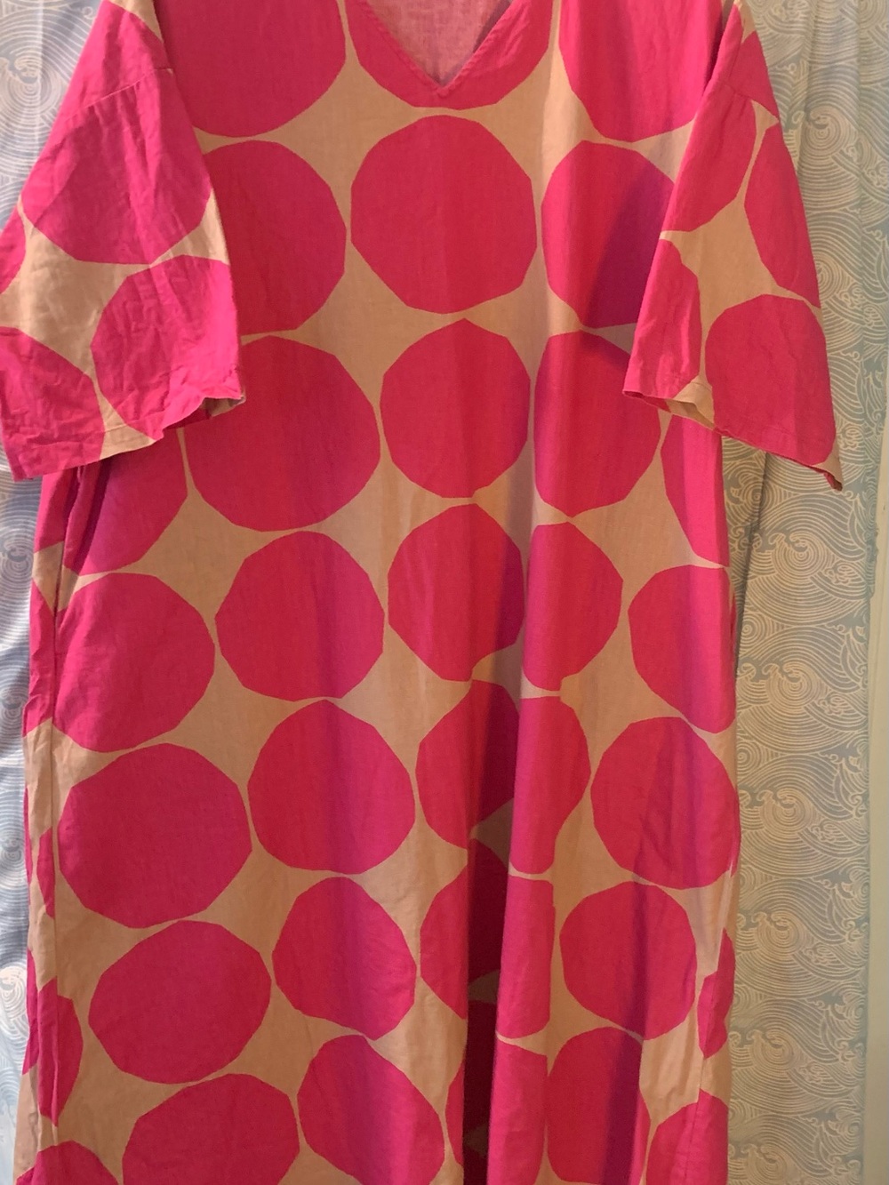 Marimekko for Uniqlo Bright Pink Linen Blend Polka Dot Kaftan Dress
